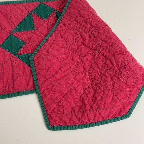 Vintage Handmade Quilted Christmas Star Table Runner Red Green 22x64 - Picture 7 of 9